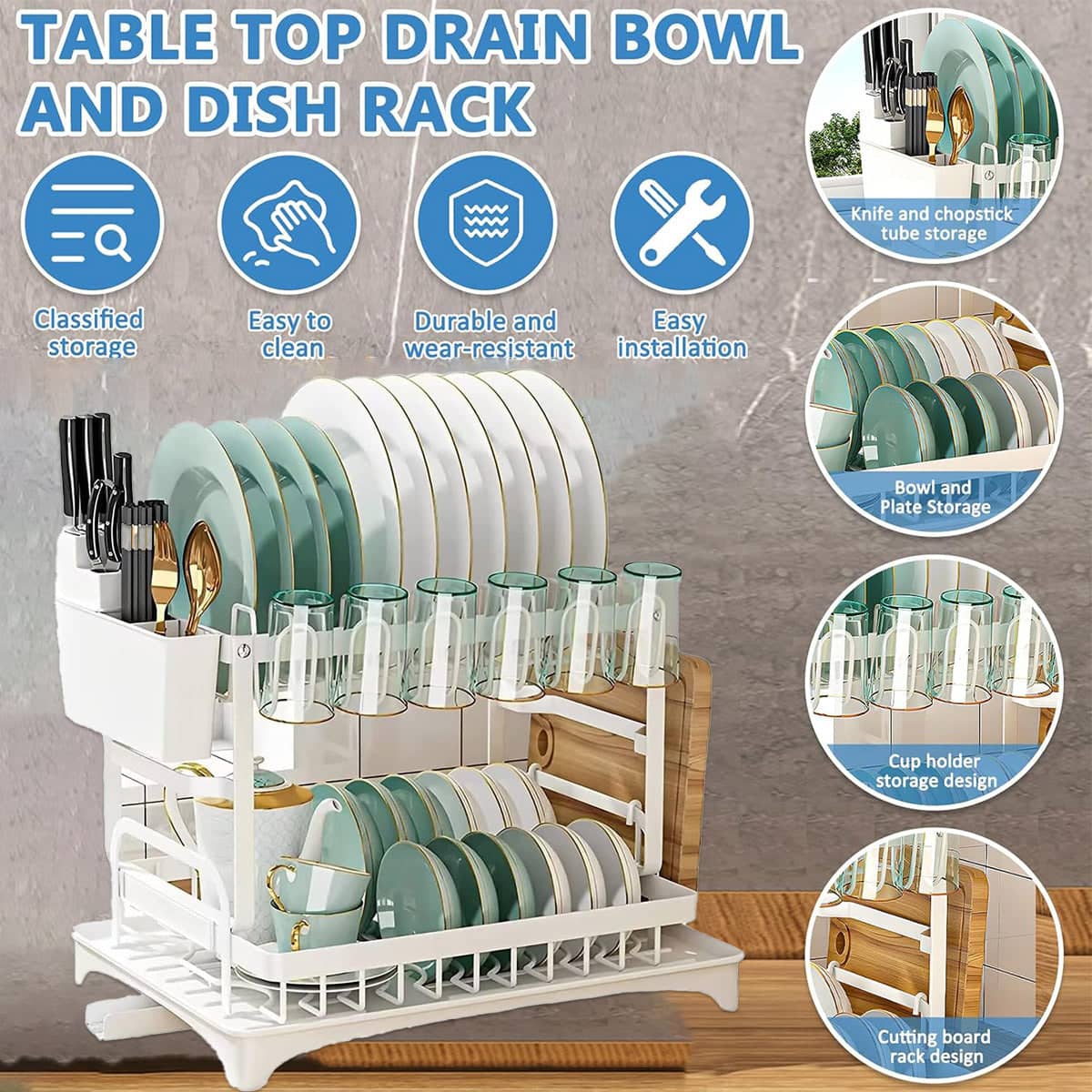 2 Tier Carbon Steel Dish Drying Rack with Cutlery Holder - White, 42cm Long - view 5