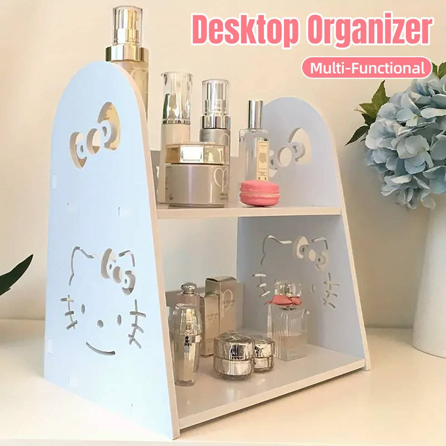 2 Tier Desktop Storage Organiser Shelf - Light Blue and White