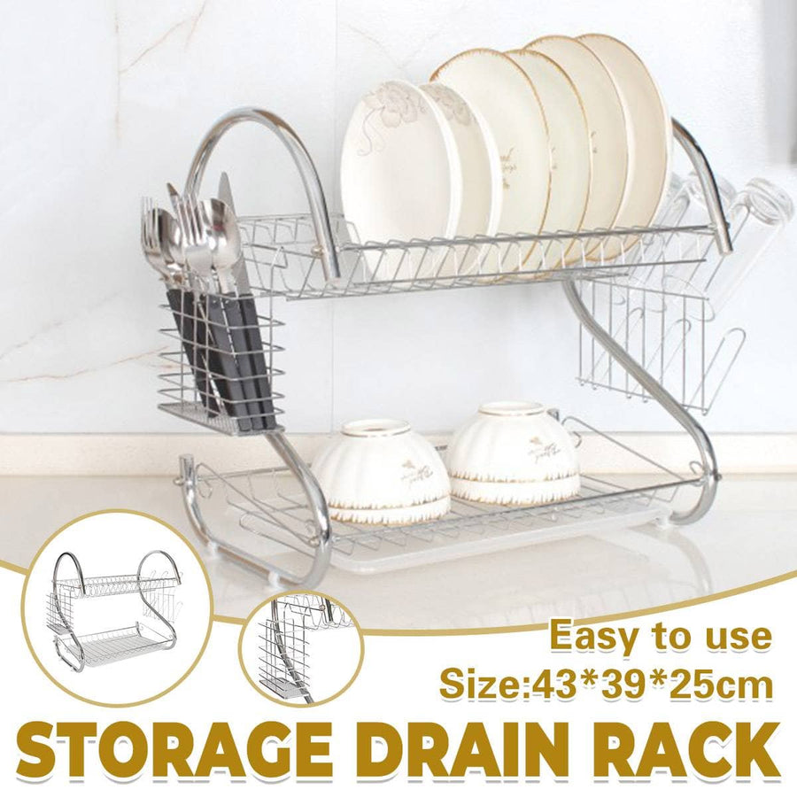 2 Tier Dish Drying Rack - Silver Metal Kitchen Drainer, 43 x 39 x 25 cm