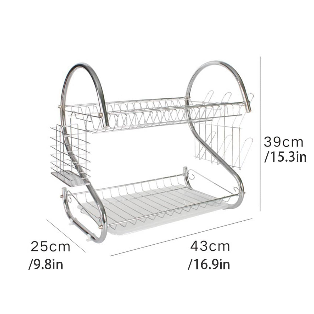 2 Tier Dish Drying Rack - Silver Metal Kitchen Drainer, 43 x 39 x 25 cm - view 3