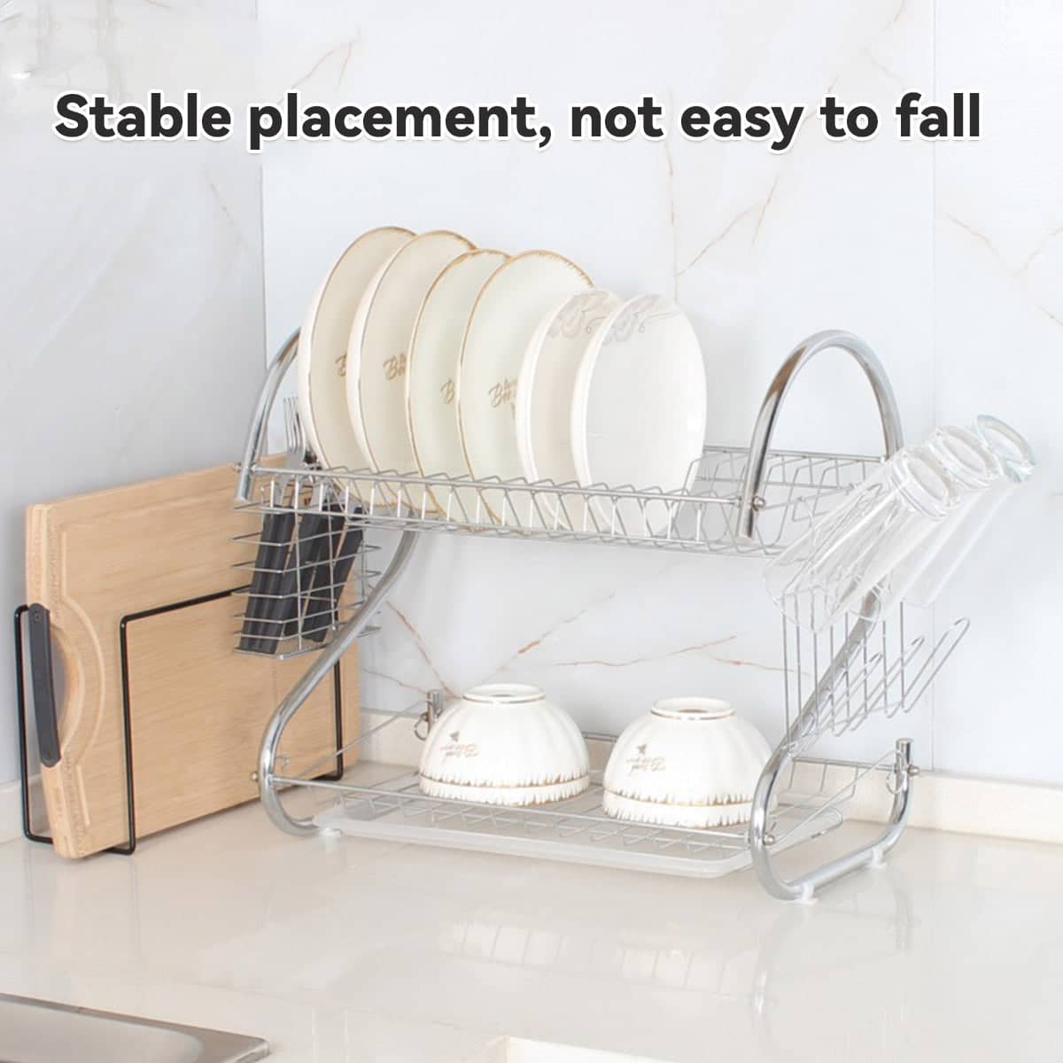 2 Tier Dish Drying Rack - Silver Metal Kitchen Drainer, 43 x 39 x 25 cm - view 4