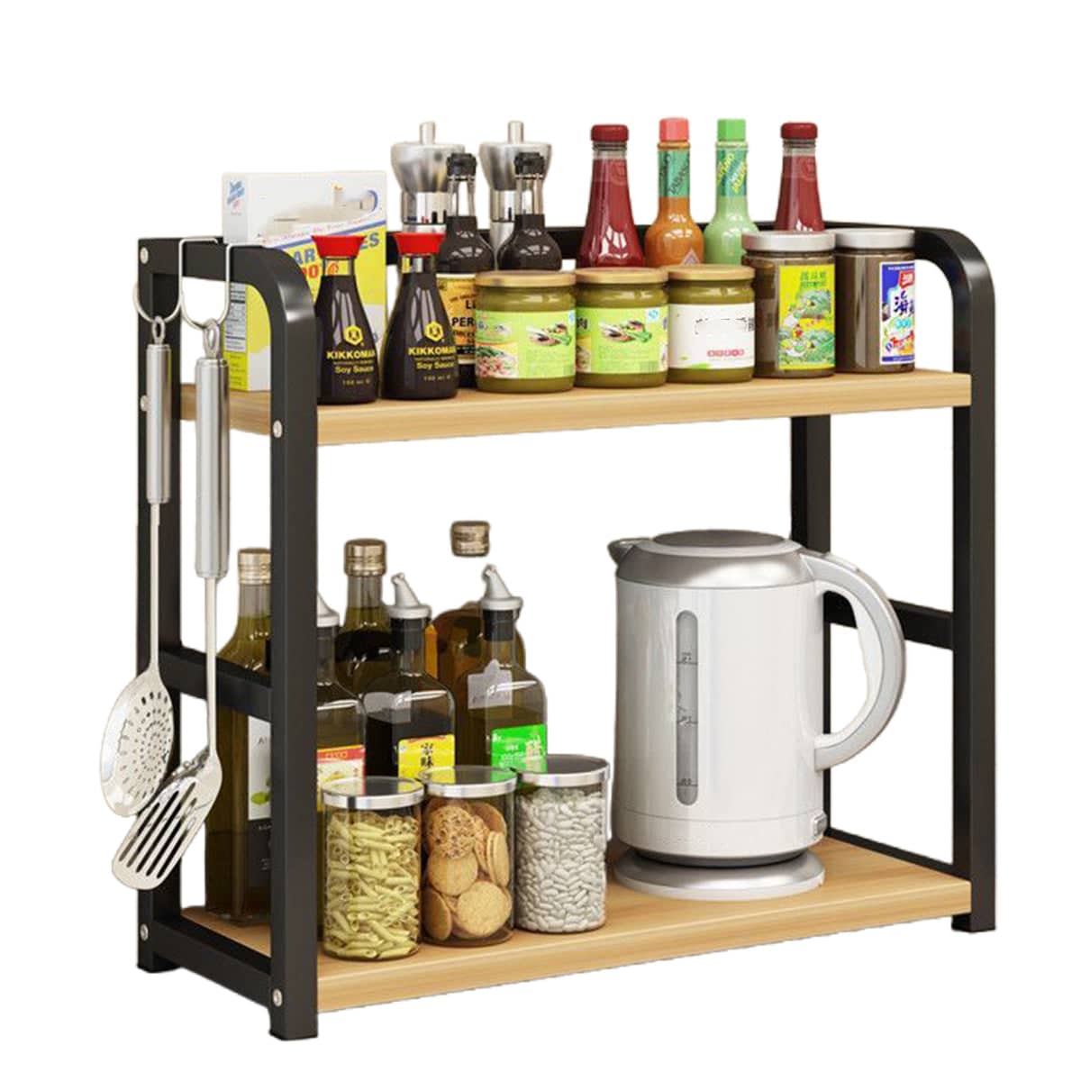 2 Tier Freestanding Kitchen Storage Rack, 50 x 42 x 14 cm - Black and Light Brown