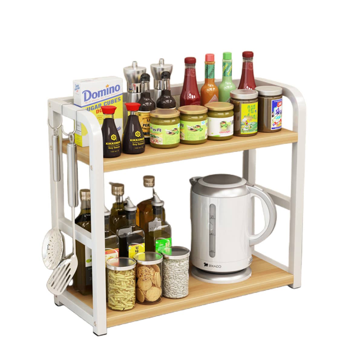 2 Tier Freestanding Kitchen Storage Rack, 50 x 42 x 14 cm - White and Light Brown