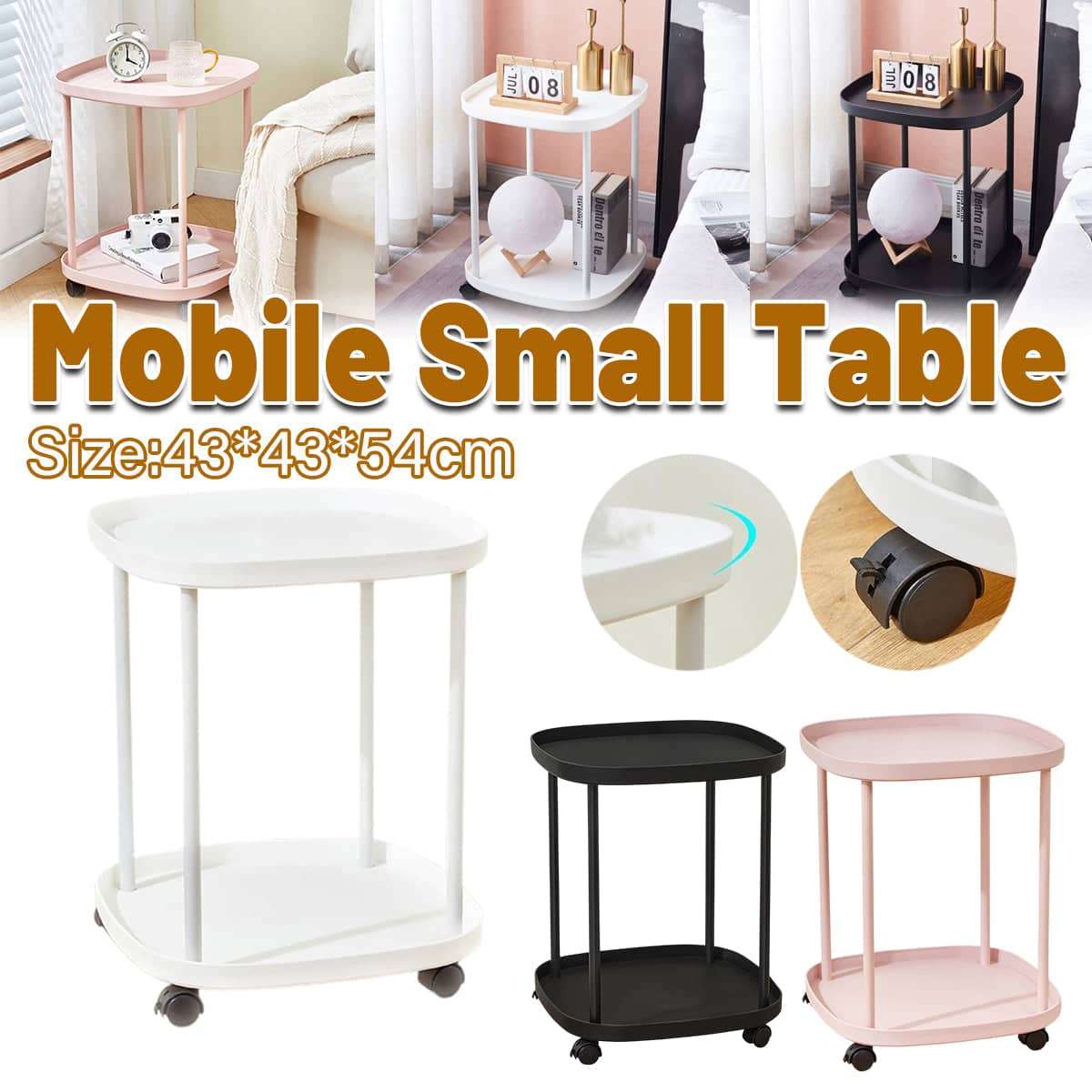 2 Tier Mobile Side Table with Storage Shelf and Lockable Wheels - Light Pink - view 2