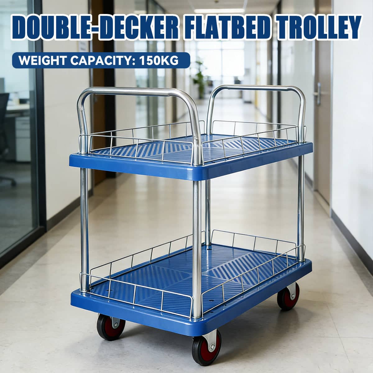 2 Tier Silent Flatbed Trolley with Double Handle for Warehouse Moving