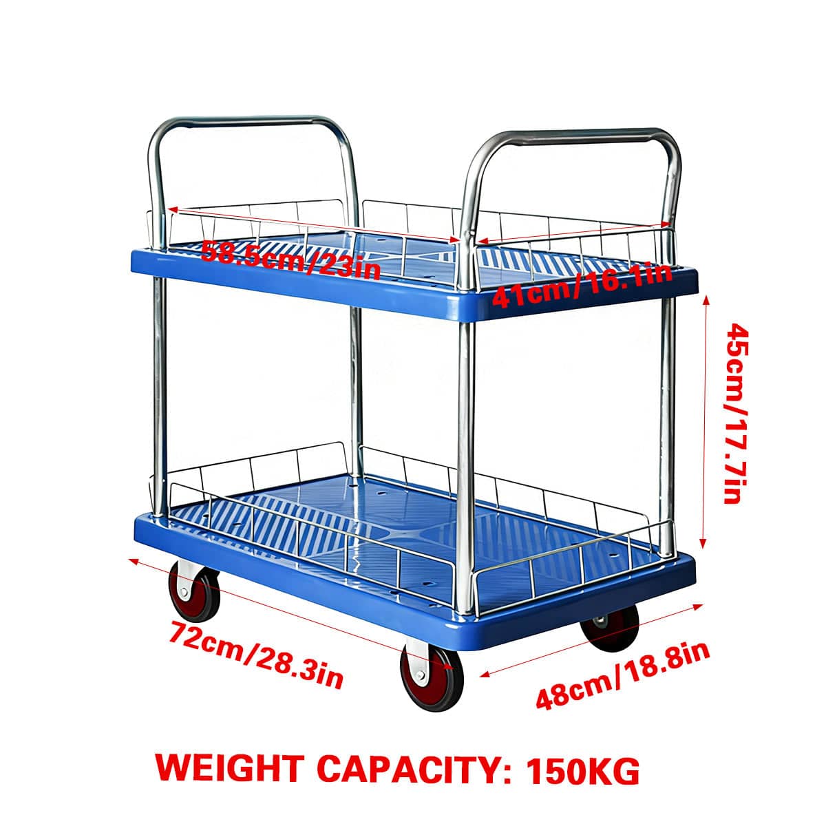 2 Tier Silent Flatbed Trolley with Double Handle for Warehouse Moving - view 3