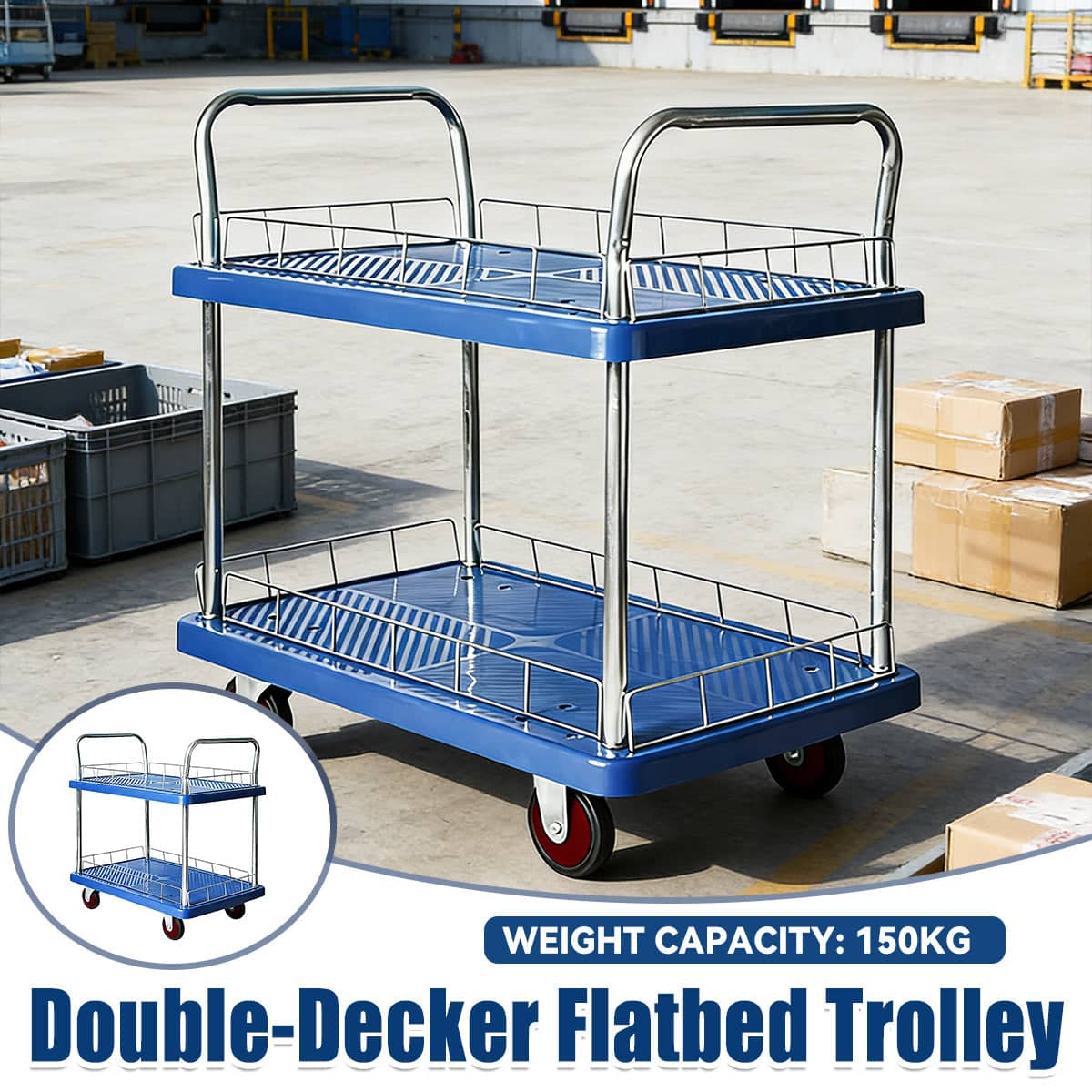 2 Tier Silent Flatbed Trolley with Double Handle for Warehouse Moving - view 4