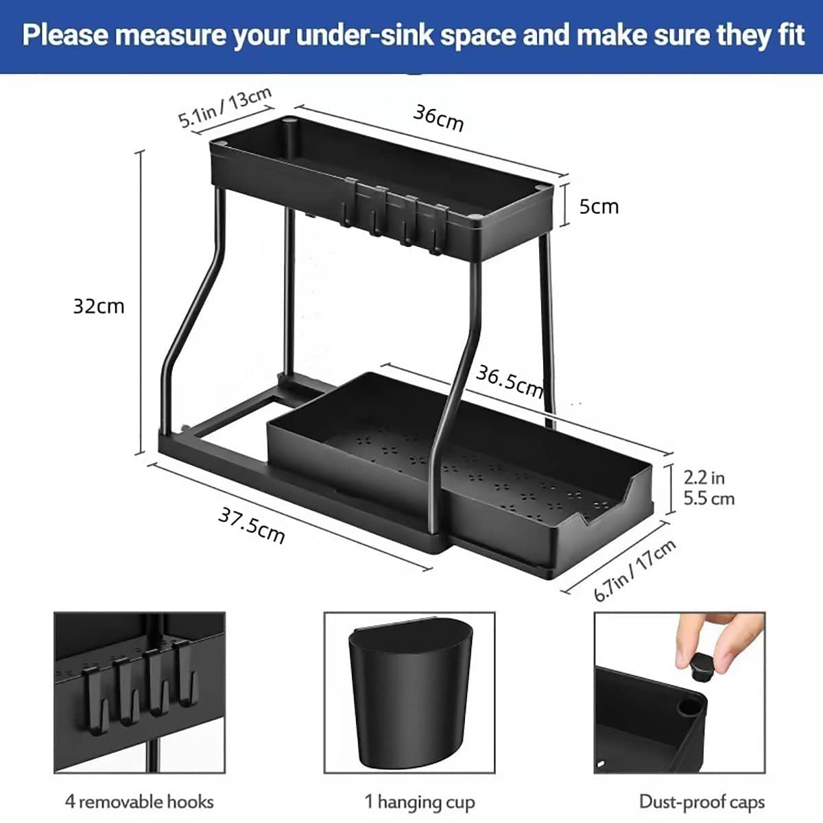 2-Tier Under Sink Storage Rack Double Layer Organiser Shelf for Kitchen and Bathroom - Black - view 4