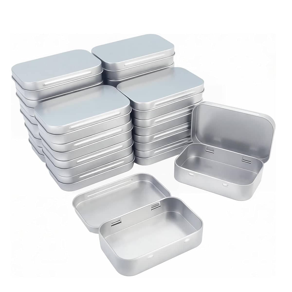 20 Piece Connected Flip Top Tin Box Small Item Storage Case for Craft and Jewellery - Silver