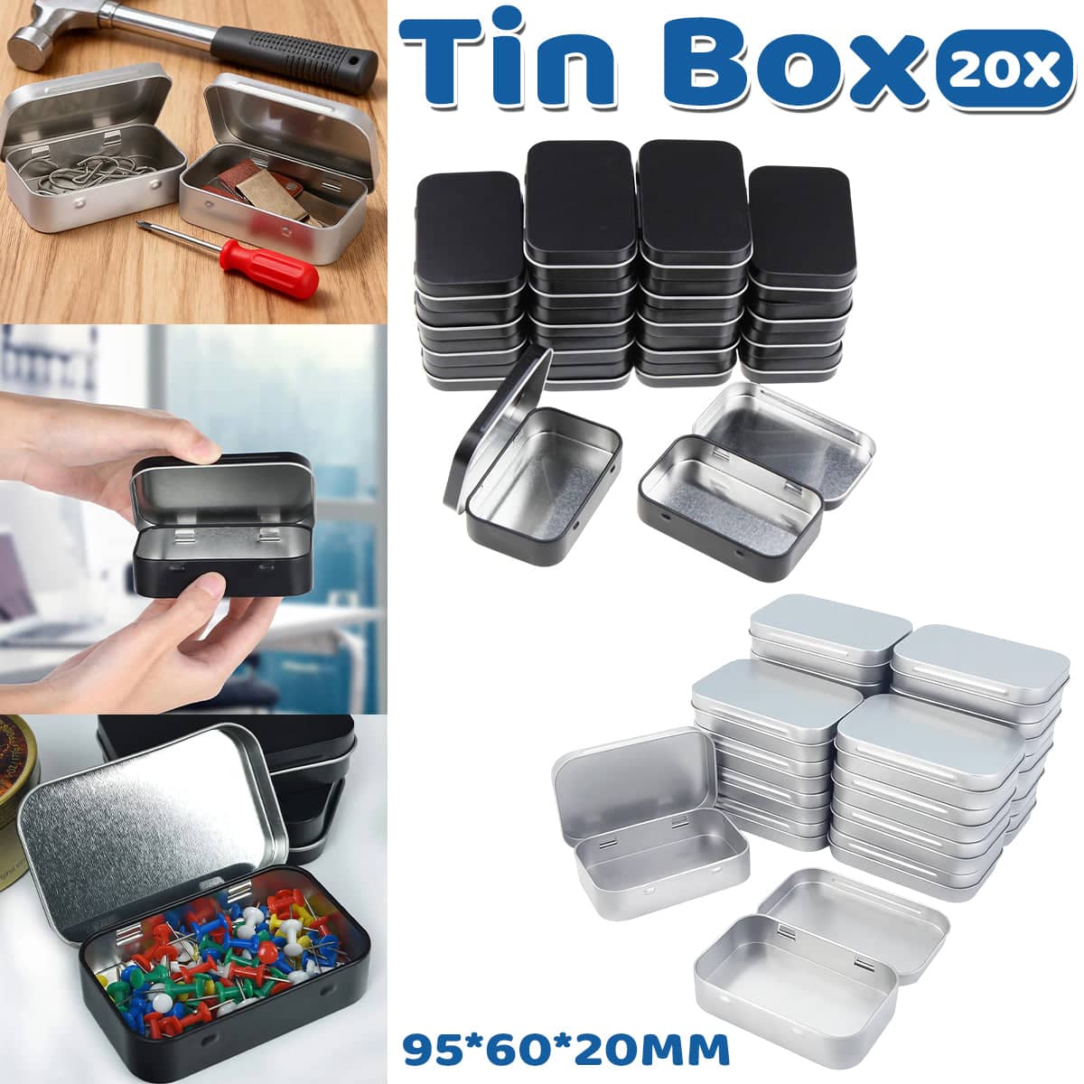 20 Piece Connected Flip Top Tin Box Small Item Storage Case for Craft and Jewellery - Silver - view 2