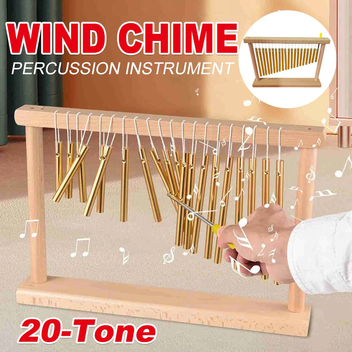 20 Tone Aluminium Wind Chime Percussion Instrument with Beech Wood Base
