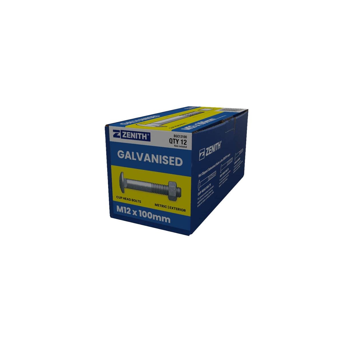 Zenith Hot Dip Galvanised M12 x 100mm Cup Head Bolts & Nuts 12 Pack - SuperSaverAU - view 1