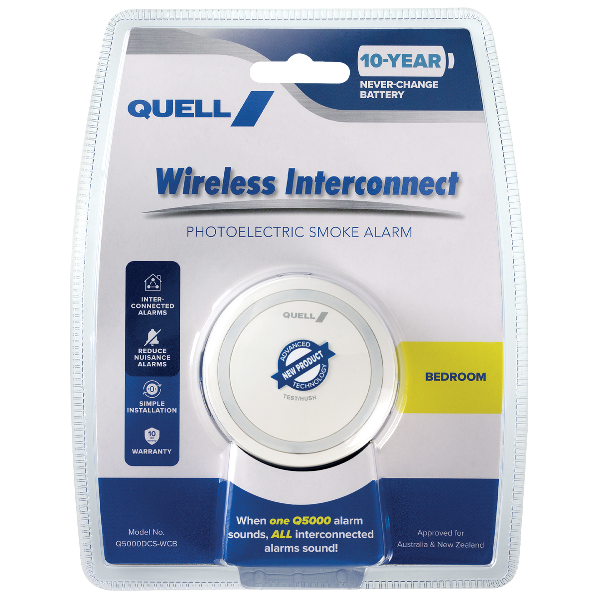 Quell Q5000 Wireless Interconnect Photoelectric Smoke Alarm Bedroom - 10-Year Battery - 78mm x 78mm x 38mm - SuperSaverAU - view 1