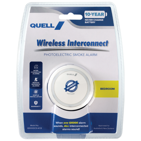 Quell Q5000 Wireless Interconnect Photoelectric Smoke Alarm Bedroom - 10-Year Battery - 78mm x 78mm x 38mm - SuperSaverAU - view 1