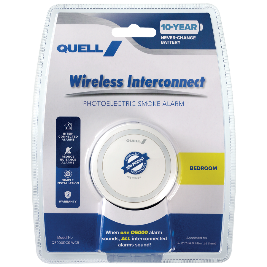 Quell Q5000 Wireless Interconnect Photoelectric Smoke Alarm Bedroom - 10-Year Battery - 78mm x 78mm x 38mm - SuperSaverAU - view 1