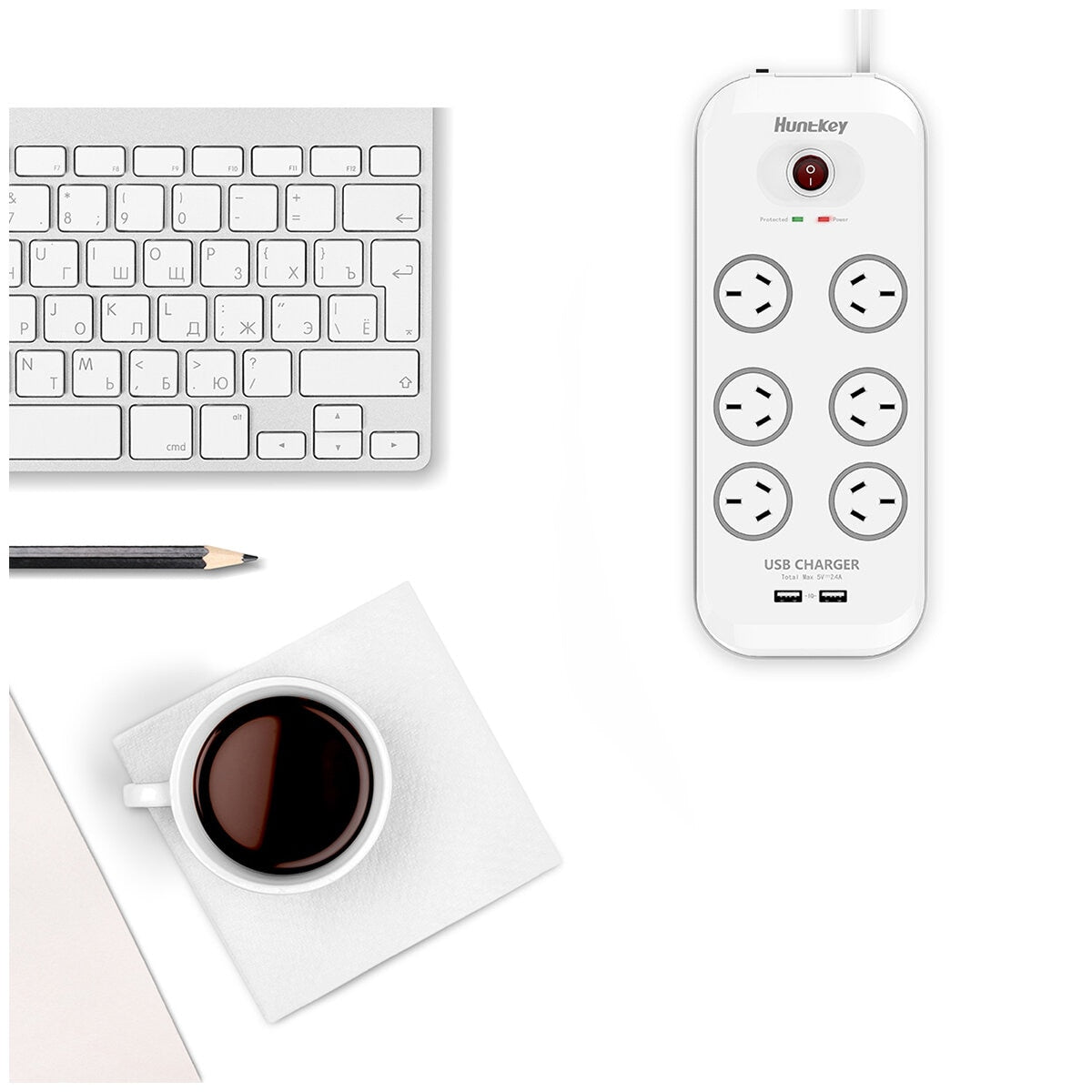 Huntkey 6 Way Powerboard With 2 USB Port And Surge Protection 2 Piece Pack SAC607X2