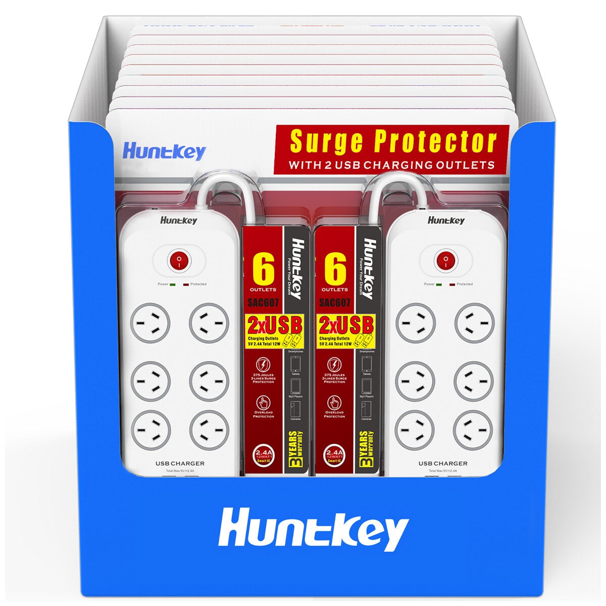 Huntkey 6 Way Powerboard With 2 USB Port And Surge Protection 2 Piece Pack SAC607X2