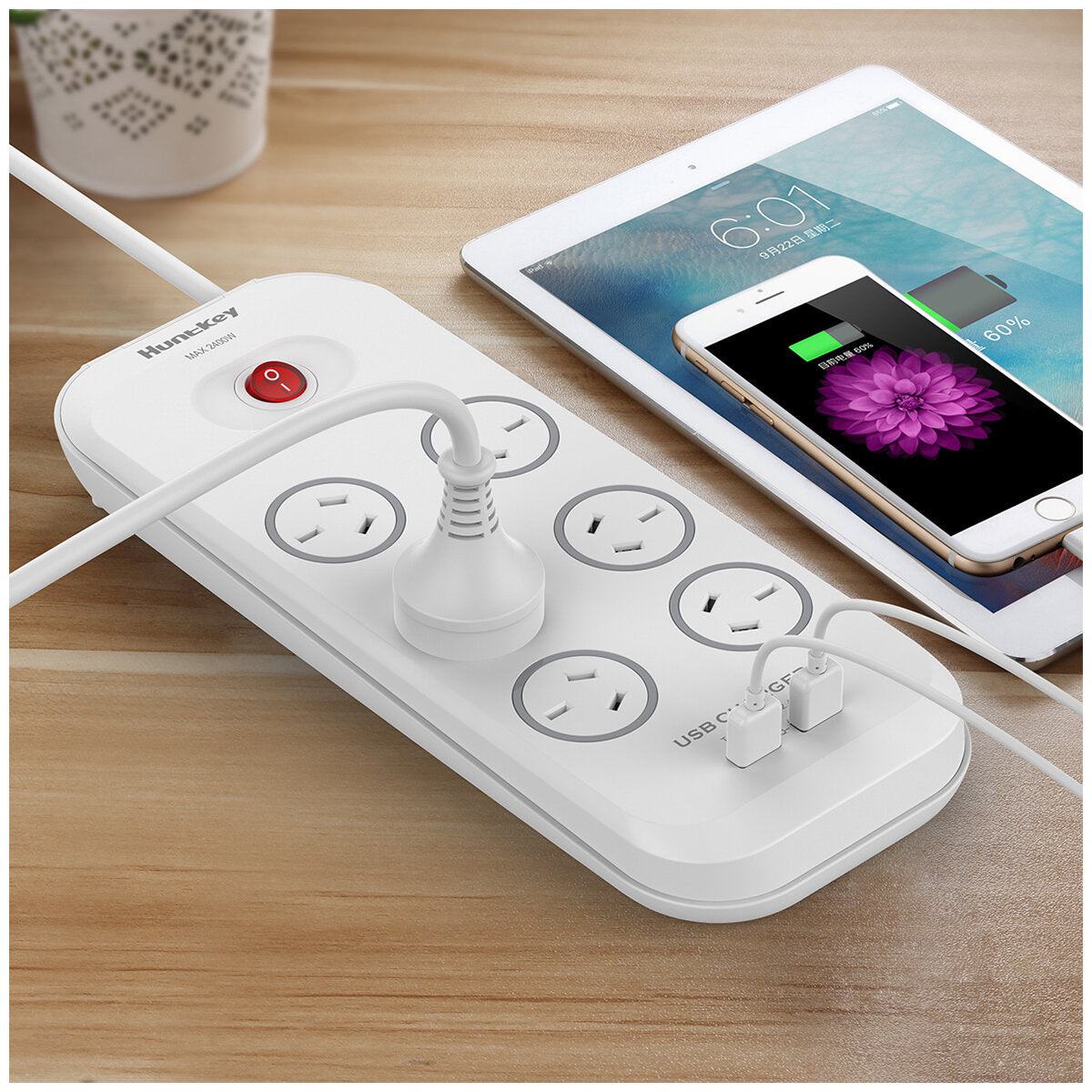 Huntkey 6 Way Powerboard With 2 USB Port And Surge Protection 2 Piece Pack SAC607X2