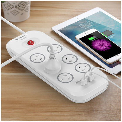 Huntkey 6 Way Powerboard With 2 USB Port And Surge Protection 2 Piece Pack SAC607X2