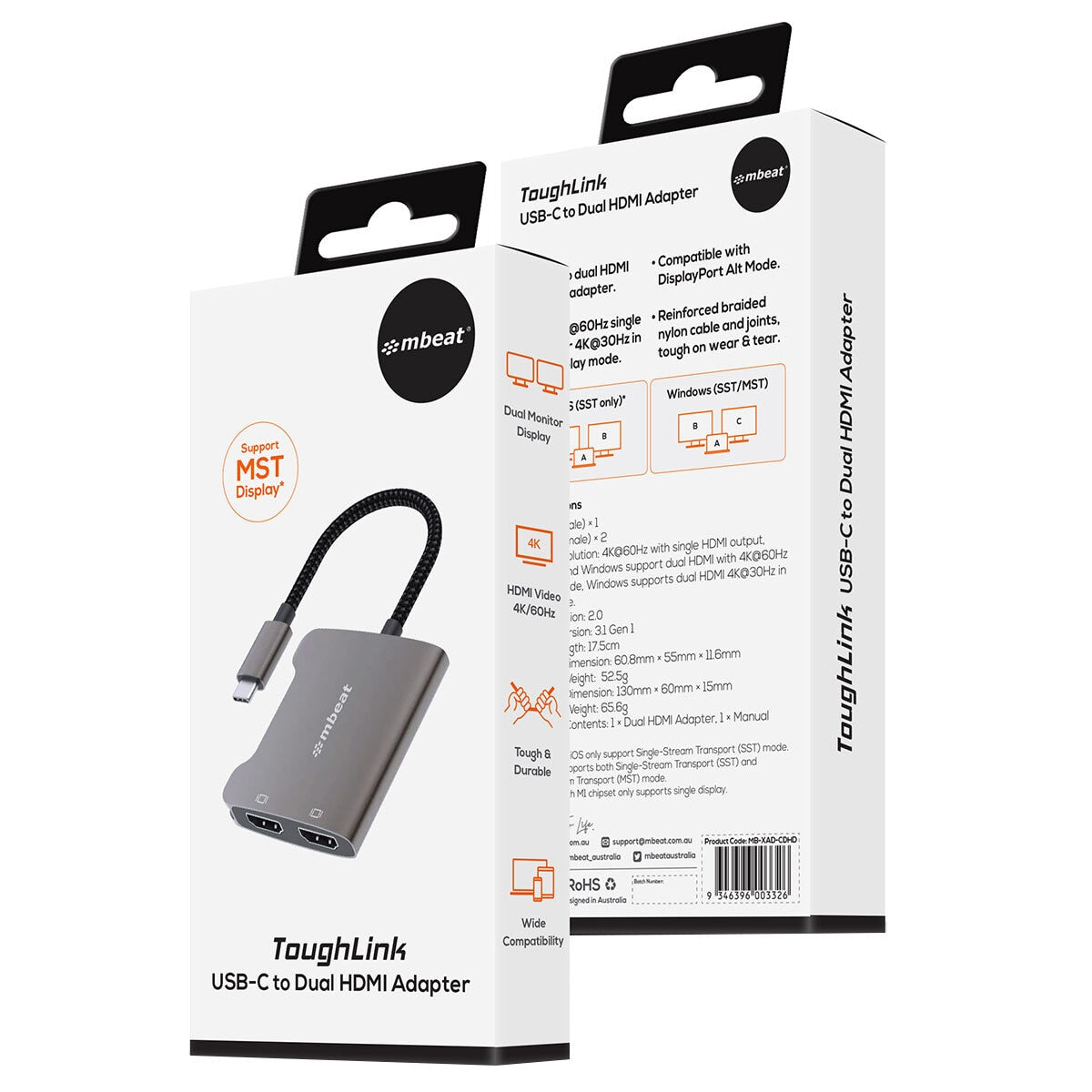 mbeat Tough Link USB-C To Dual 4K HDMI Adapter MB-XAD-CDHD - SuperSaverAU - view 3