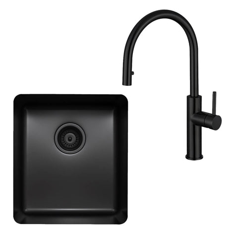 Titan Essentials 405mm Single Bowl Sink and Pull Out Gooseneck Mixer Tap Package - Matte Black - TSBSPK402