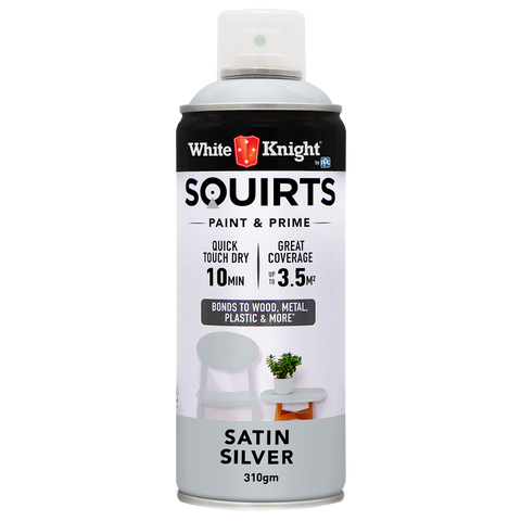 White Knight Squirts Silver Satin Spray Paint 310g Solvent Based Durable - SuperSaverAU - view 1