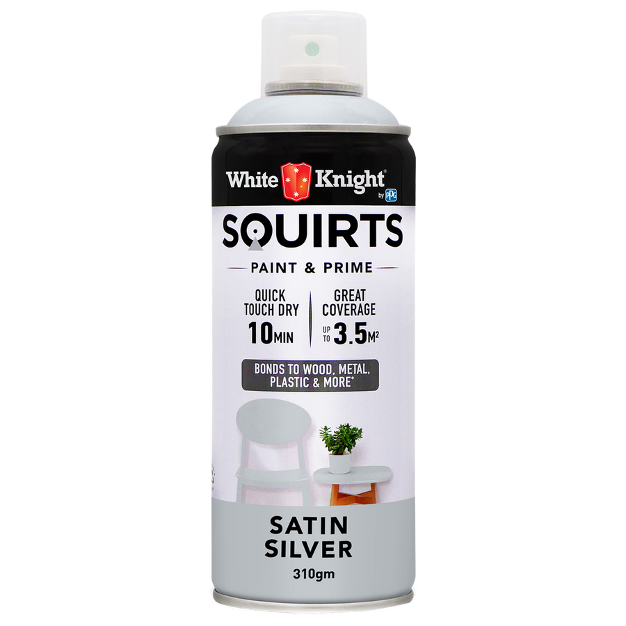 White Knight Squirts Silver Satin Spray Paint 310g Solvent Based Durable - SuperSaverAU - view 1