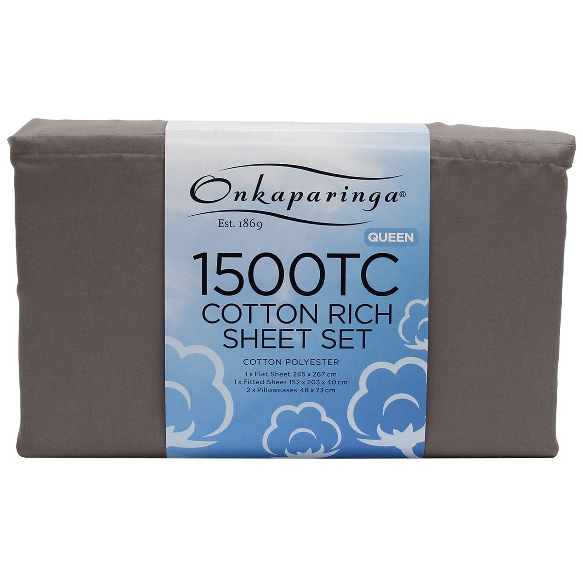 Onkaparinga Cotton Rich 1500 Thread Count Sheet Queen 4 Piece Set Grey