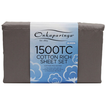 Onkaparinga Cotton Rich 1500 Thread Count Sheet Queen 4 Piece Set Grey