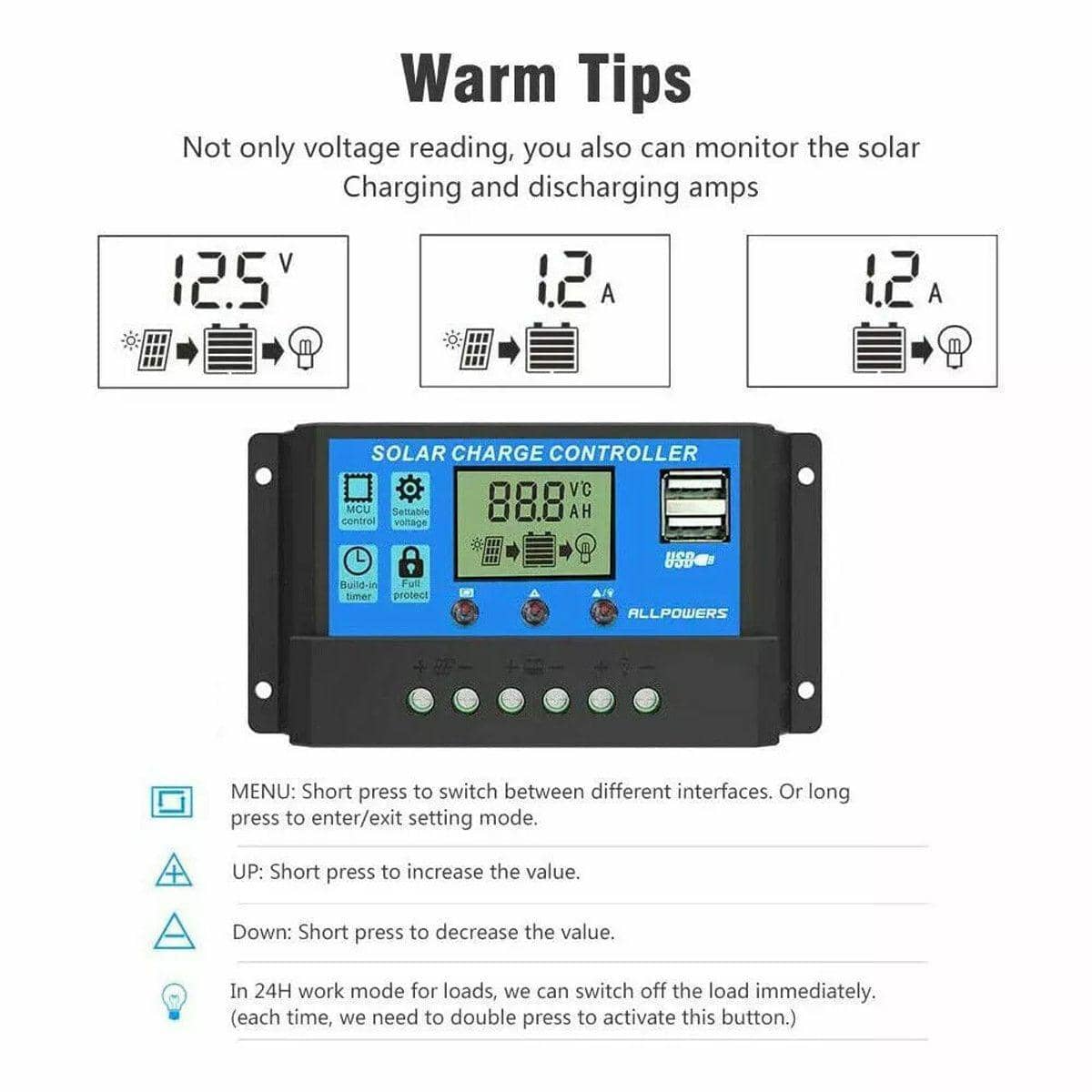20A Solar Charge Controller for 12V and 24V Systems with LCD and Dual USB - view 5
