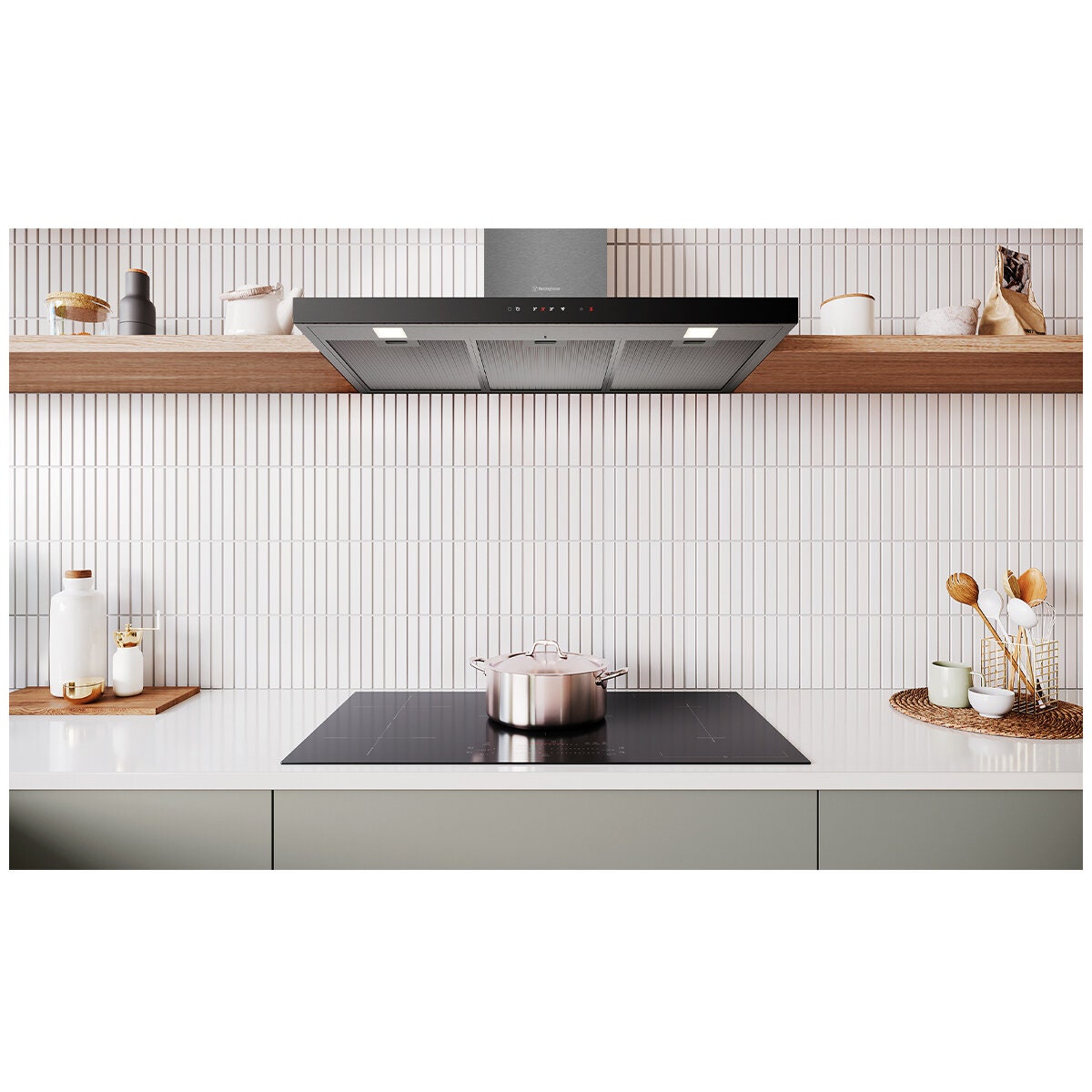 Westinghouse 90cm Canopy Rangehood with Hob2Hood - Dark Stainless Steel, 810m³/h, Boost - WRC924DSD