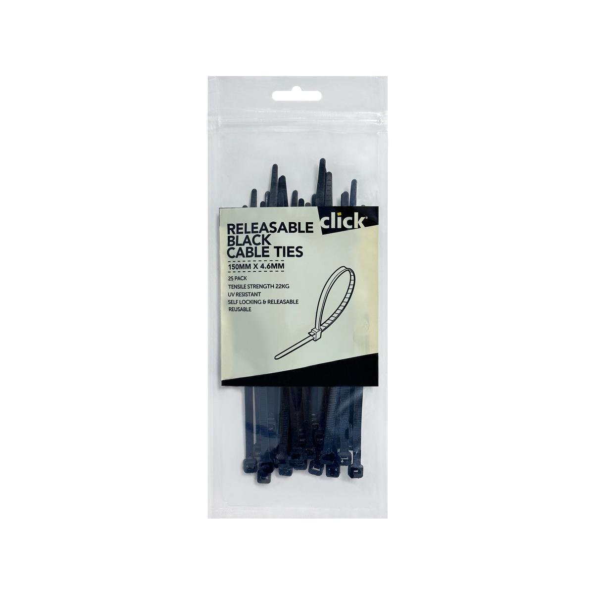 Click Releasable Cable Tie 150mm Black 25 Pack - UV Resistant Nylon 66 - SuperSaverAU - view 1