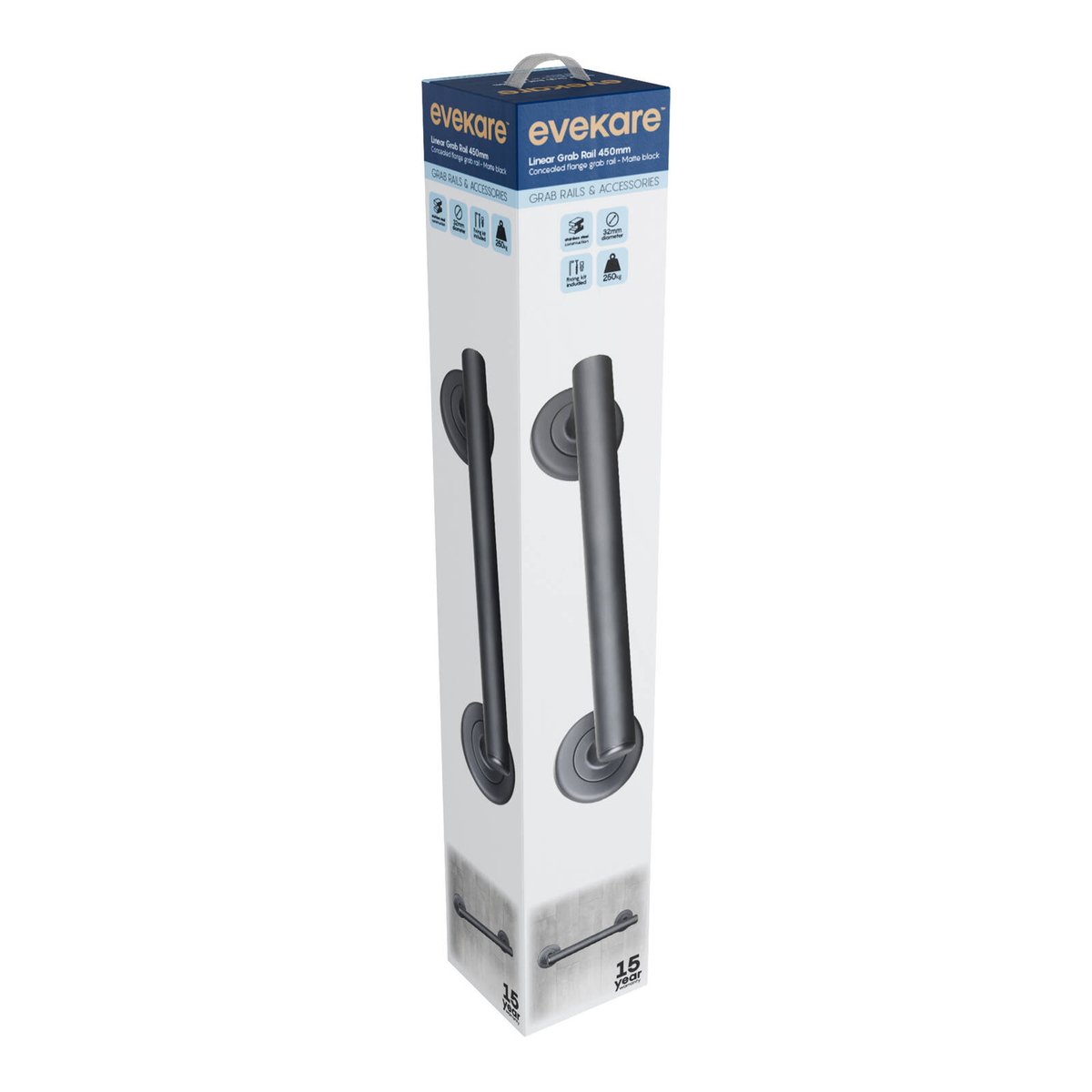 Evekare 450mm Matte Black Linear Grab Rail - Durable Support - 250kg Weight Rating - SuperSaverAU - view 3