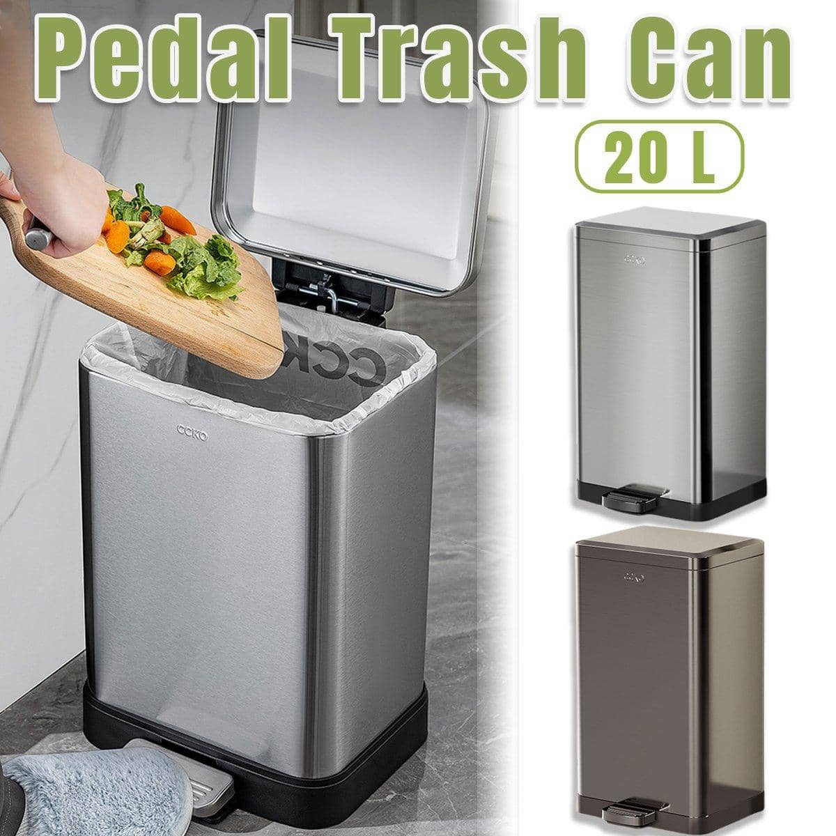20L Foot Pedal Rubbish Bin with Lid, Household Trash Can - Stainless Steel - view 2