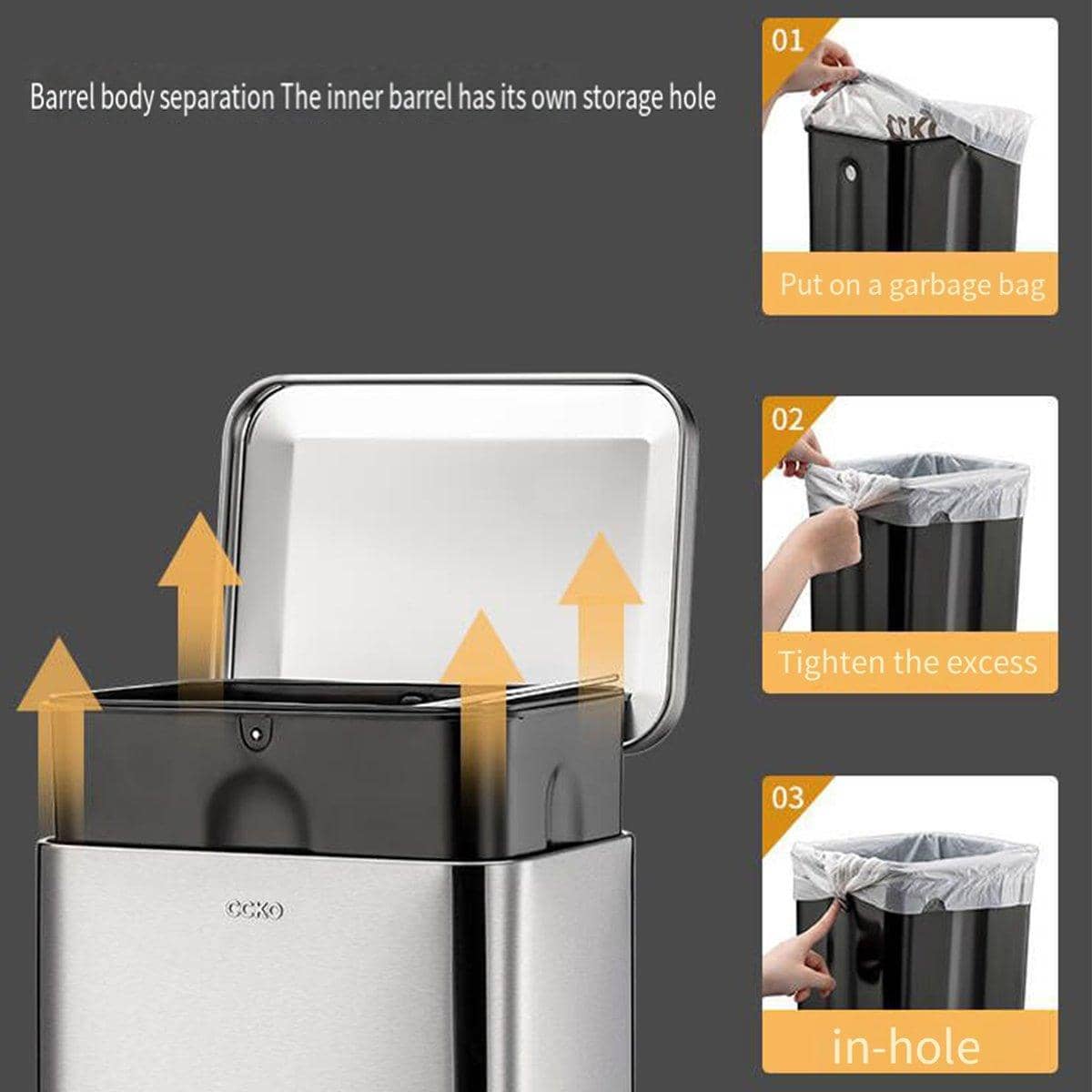 20L Foot Pedal Rubbish Bin with Lid, Household Trash Can - Stainless Steel - view 5