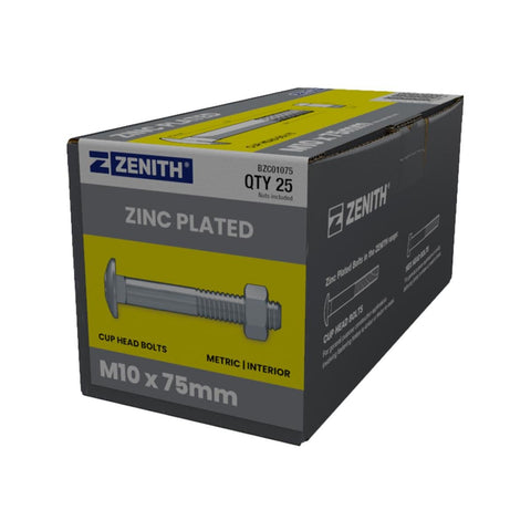 Zenith M10 x 75mm Zinc Plated Cup Head Bolts Nuts - 25 Pack - Coarse Thread - SuperSaverAU - view 1