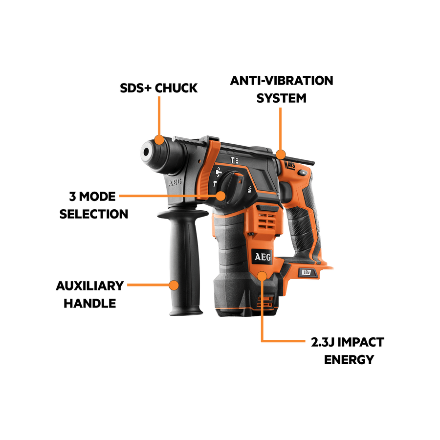 AEG 18V SDS+ Rotary Hammer Drill, Cordless, BBH18-0, Skin Only