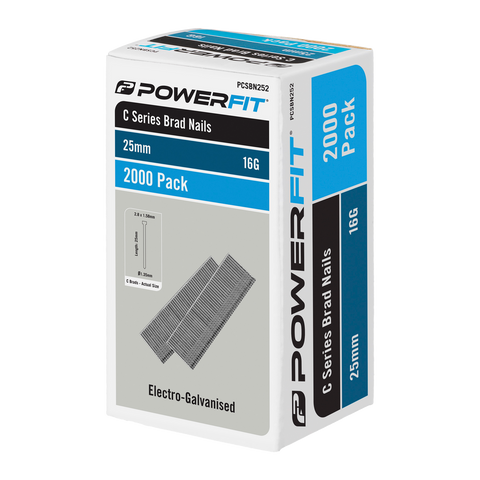 Powerfit 25mm C Series Brad Nails - 2000 Pack - Electro Galvanised - 16 Gauge - SuperSaverAU - view 1