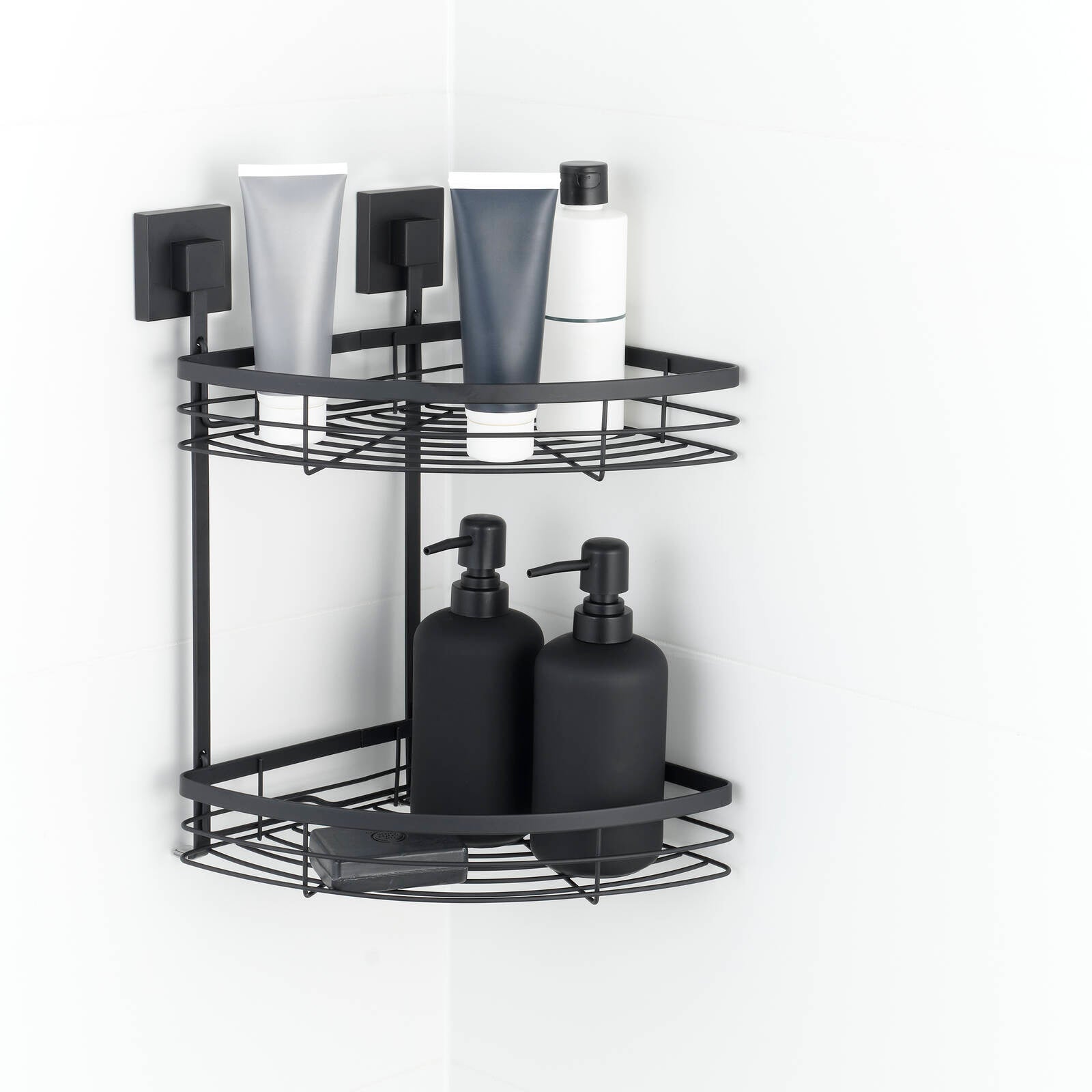 Fusion-Loc 26kg Double Corner Shower Caddy Black Matte Suction, No Drilling