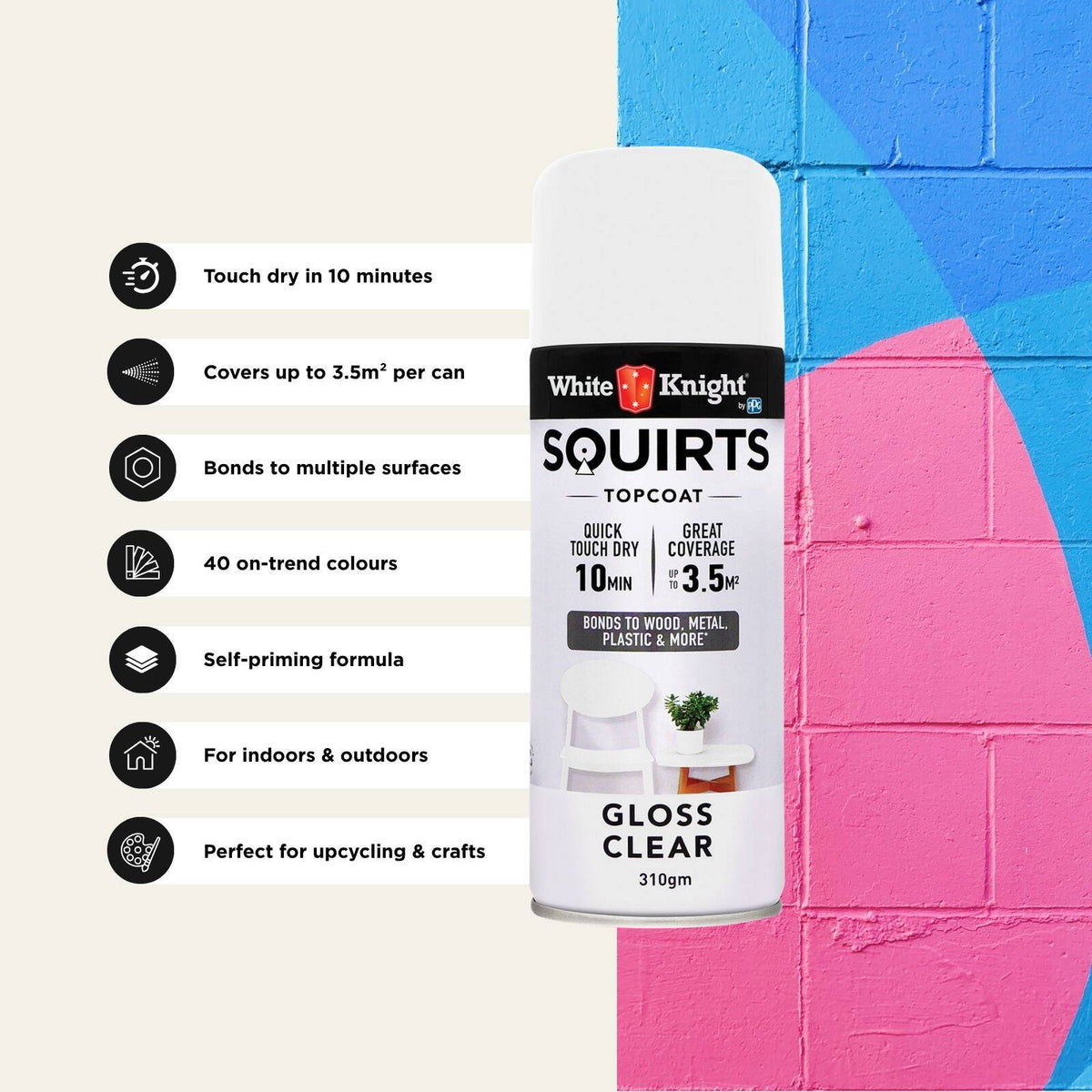 White Knight Squirts Clear Gloss Spray Paint 310g - Solvent-Based Clear Topcoat, UV Resistant