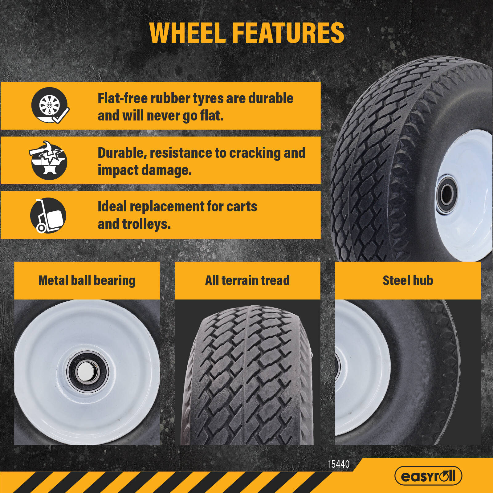 Easyroll 3.5 x 4" Flat Free Puncture Proof Trolley Wheel, 5/8" Axle, 80kg