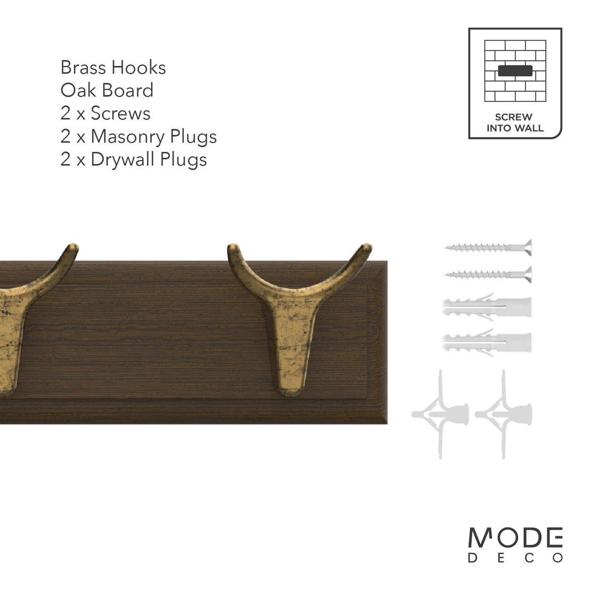 Mode 4 Brass Cow Hooks on Oak Board Hook Rack - 450mm - Decorative Storage - SuperSaverAU - view 4