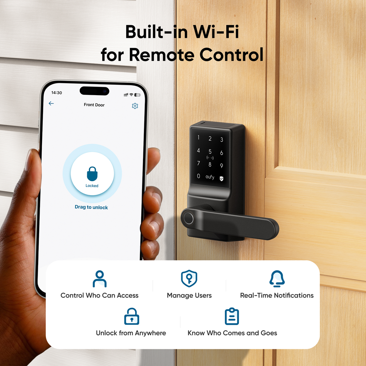 Eufy Black Security Smart Lever Lock c33 - Fingerprint Keyless Door Lock - 154mm x 184mm x 130mm - Auto-Lock - Wi-Fi Enabled - Waterproof