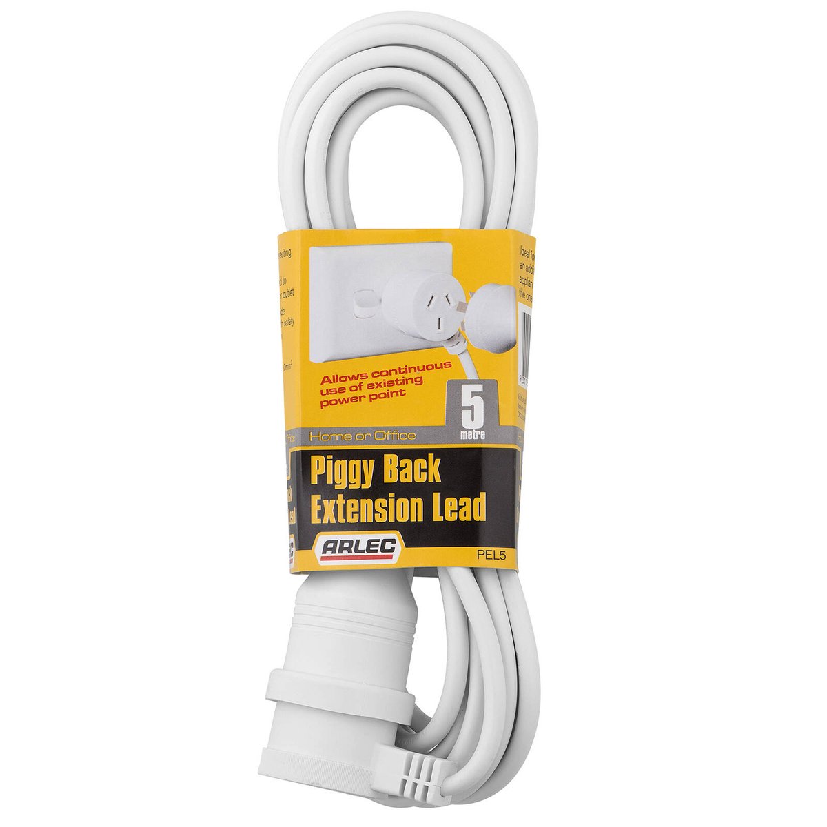Arlec 5m White Piggyback Lead Extension - PVC - 10 Amp - Versatile Use