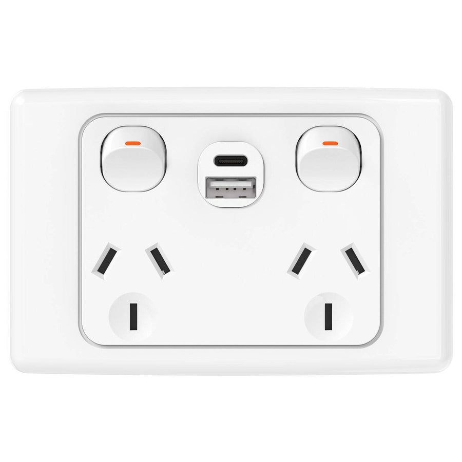 Deta Double Pole Double Power Point with USB A+C - 250V - 10A - 50mm x 74mm x 115mm - SuperSaverAU - view 1