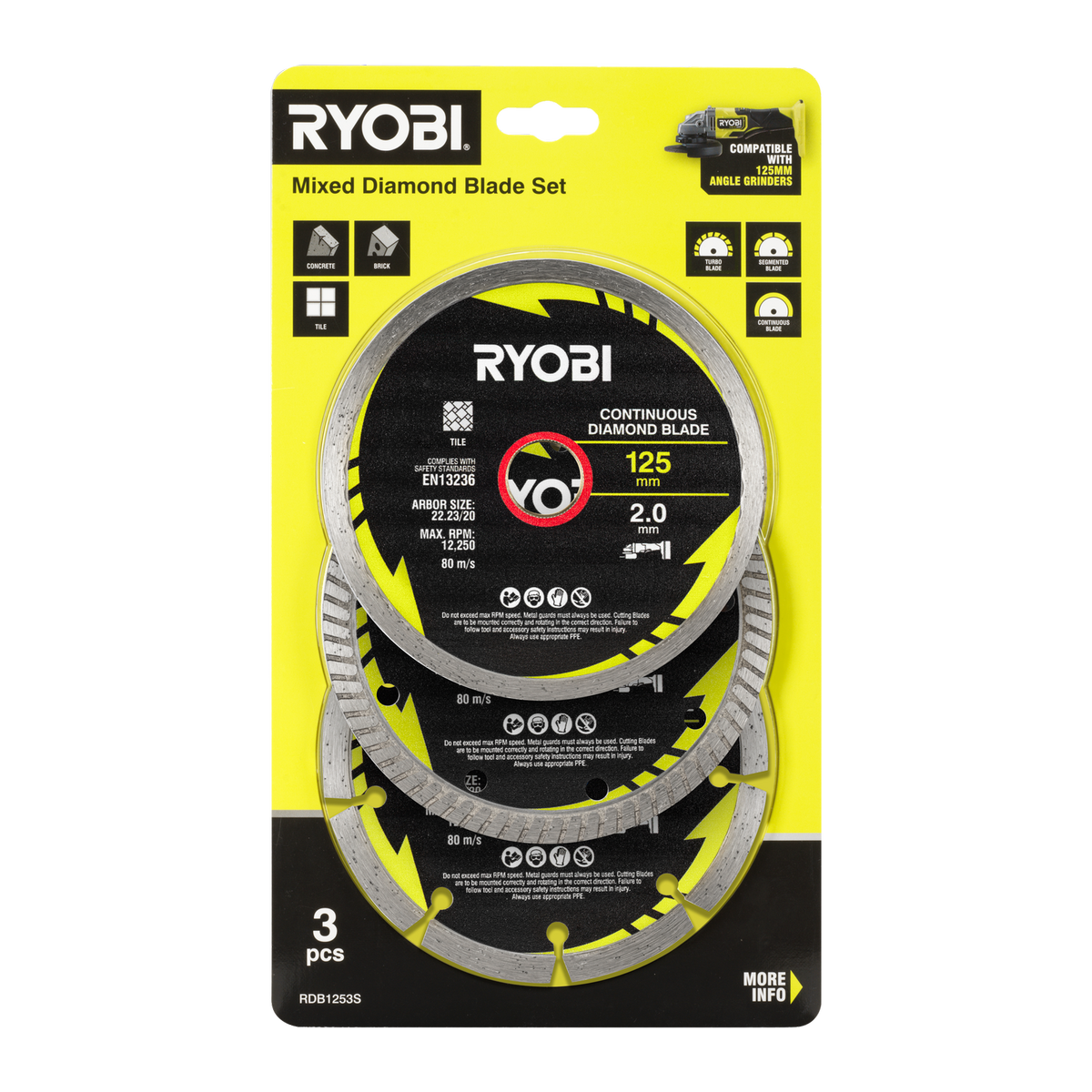 Ryobi 3 Piece Mixed Diamond Blade Set - 125mm - Durable Cutting Efficiency - SuperSaverAU - view 1
