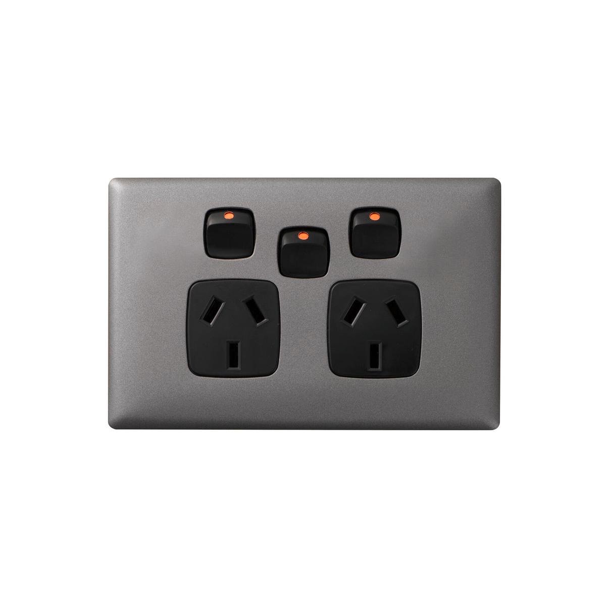 HPM Linea Double Powerpoint with Extra Switch - 2 Outlets - 127mm x 82mm - Gun Metal Black - SuperSaverAU - view 1