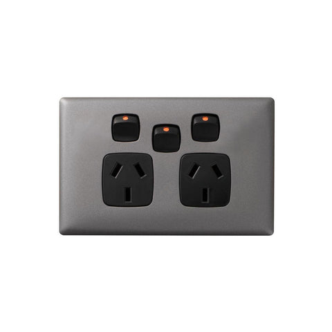 HPM Linea Double Powerpoint with Extra Switch - 2 Outlets - 127mm x 82mm - Gun Metal Black - SuperSaverAU - view 1