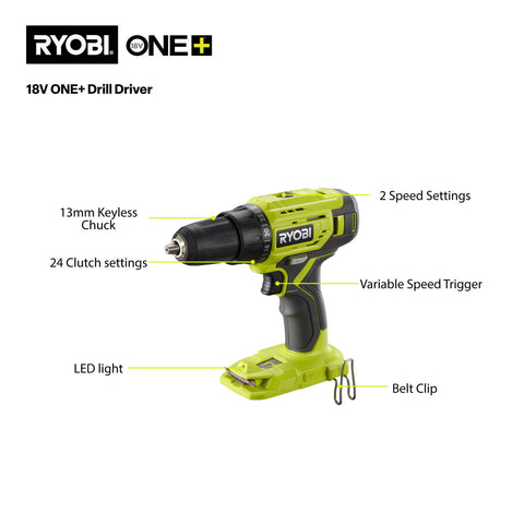 Ryobi 18V ONE+ Cordless Drill Driver Home Essentials Kit 13mm Keyless 24-Setting R18DD2HE12