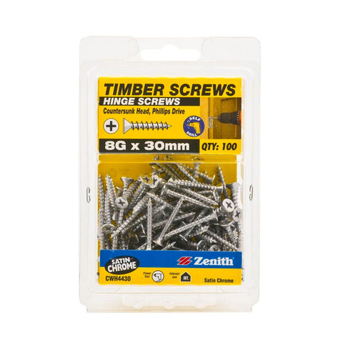 Zenith Timber Screws - 8g x 30mm - Satin Chrome - Countersunk Head - 100 Pack - SuperSaverAU - view 1